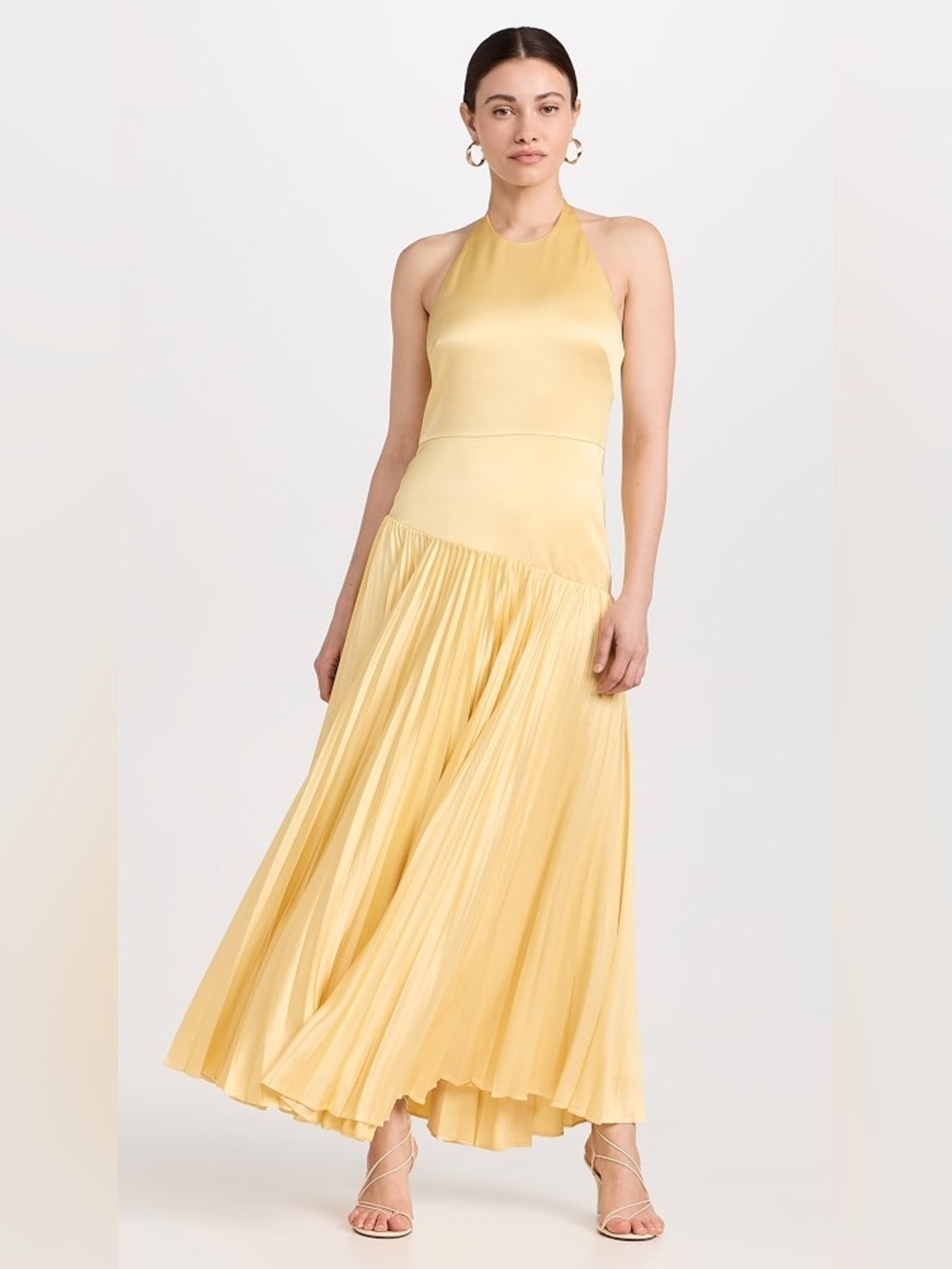 Alexis Saab Pleated Drop Waist Light Yellow Halter Maxi Dress